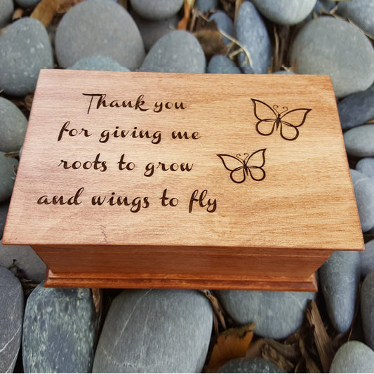 Mom engraved music box with Thank you for giving me roots to grow and wings to fly  with butterfly engraving