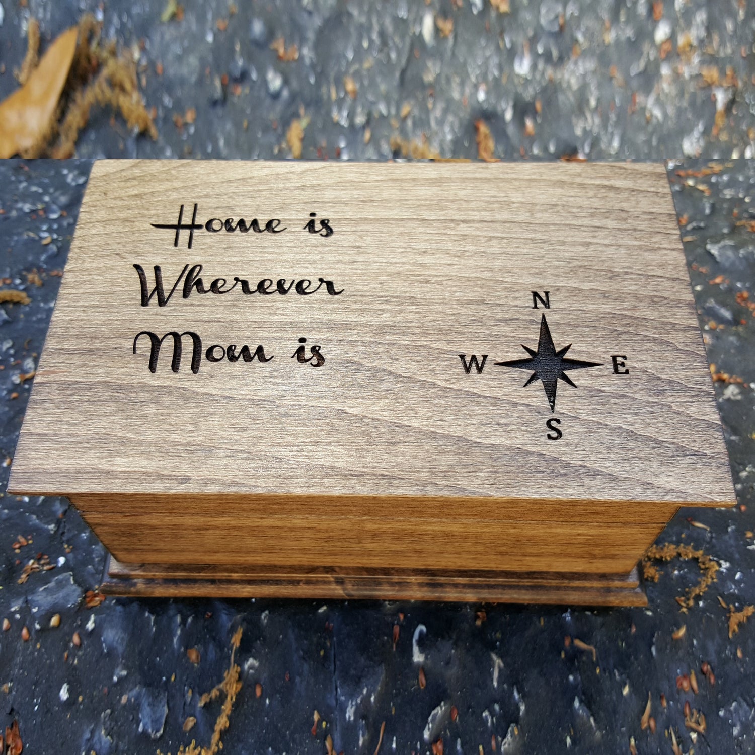 Jewelry box with Home is wherever Mom is engraved on top along with a compass, choose color and song