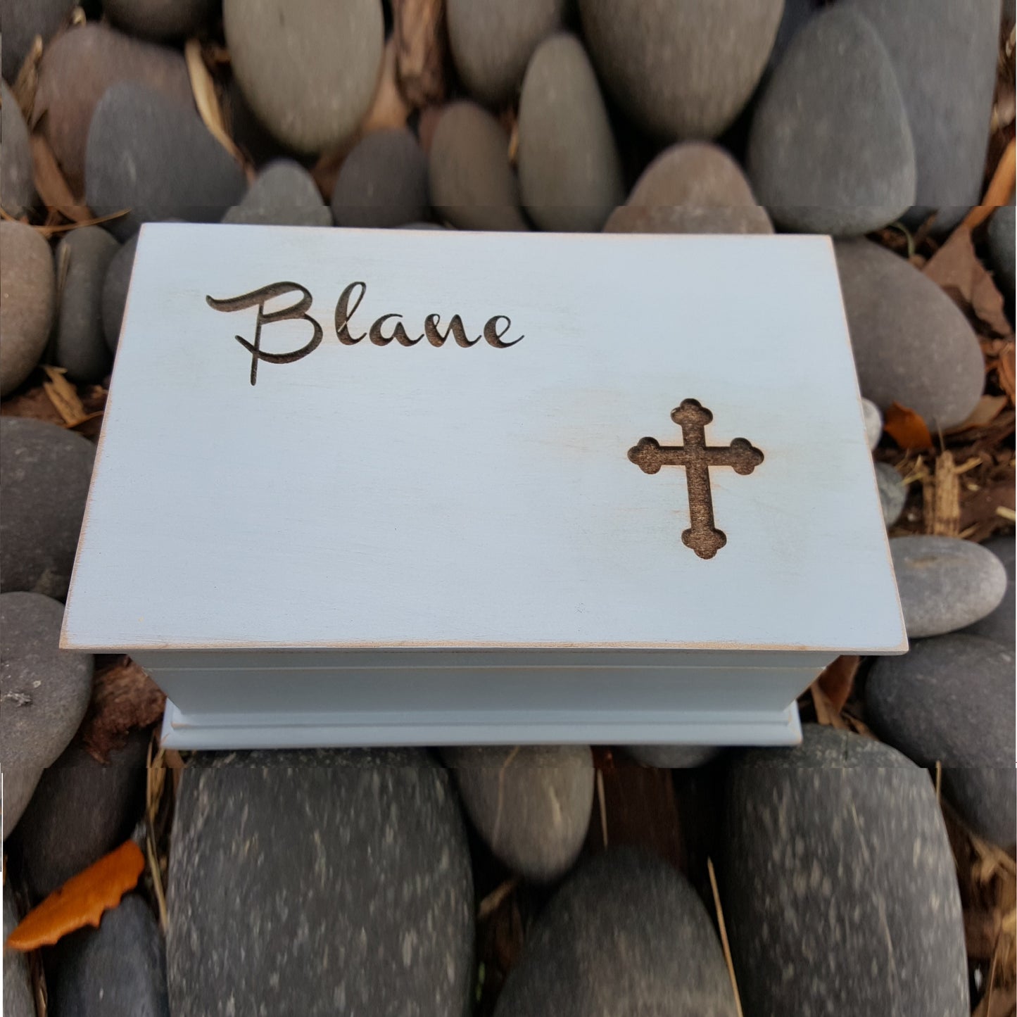 Christening music jewelry box with cross and name engraved on top
