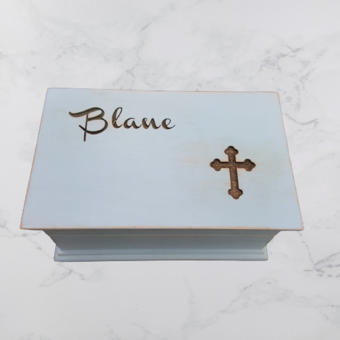 Personalized Christening box with name and cross on top with built in music player