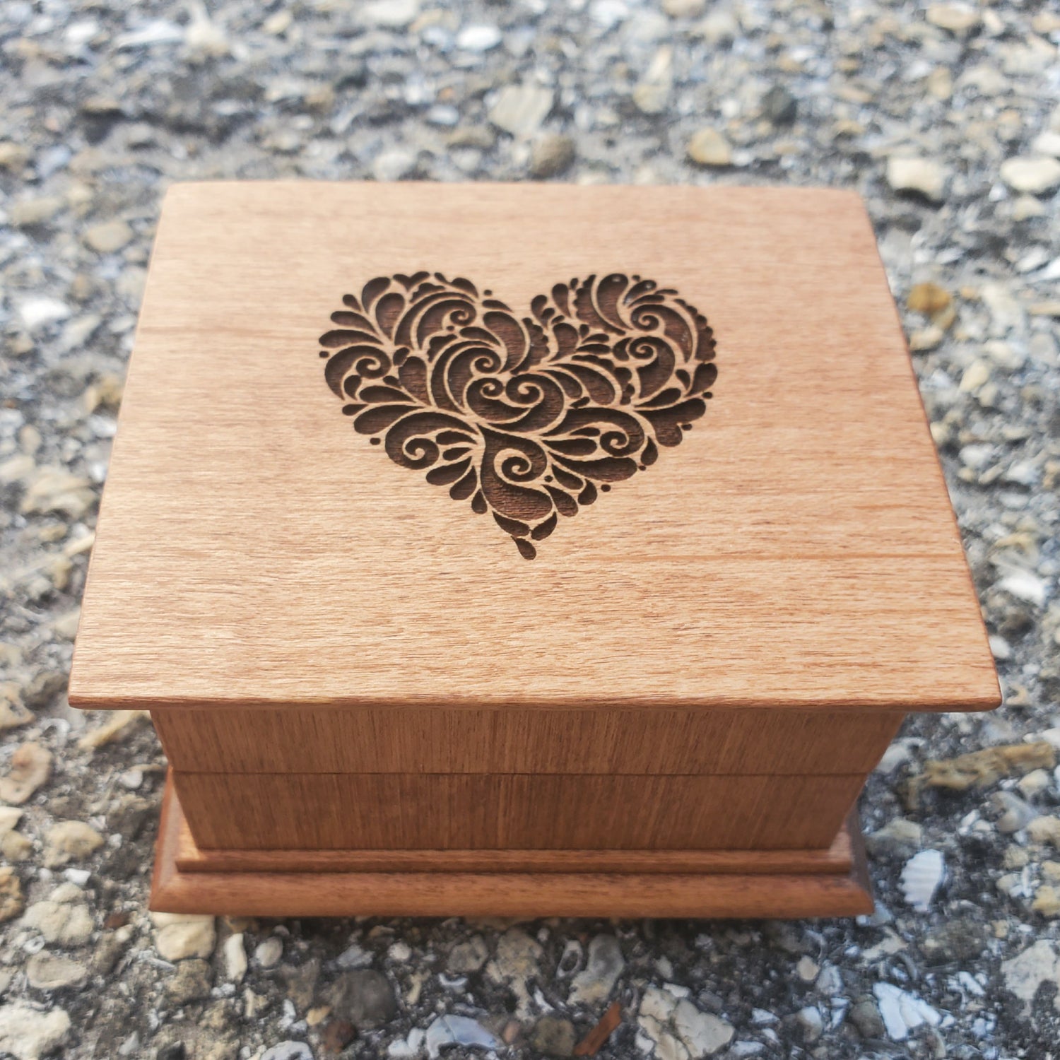 wooden music box with a heart design engraved on top, made with real maple wood, choose color and song