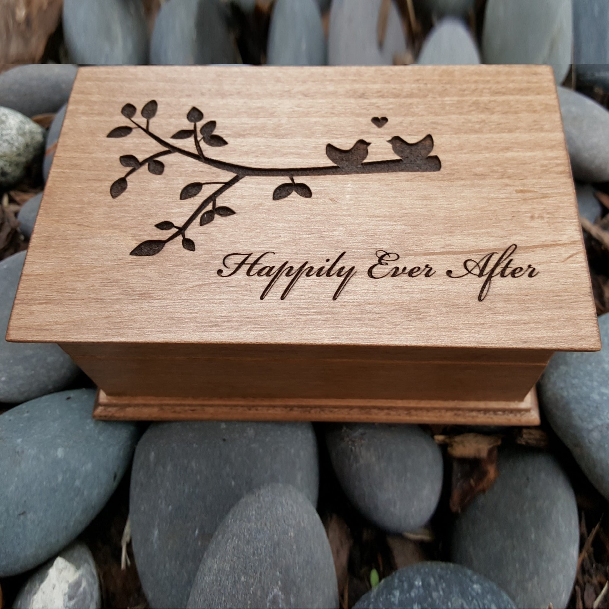 Happily Ever After engraved jewelry box with love birds sitting on a branch with built in music player