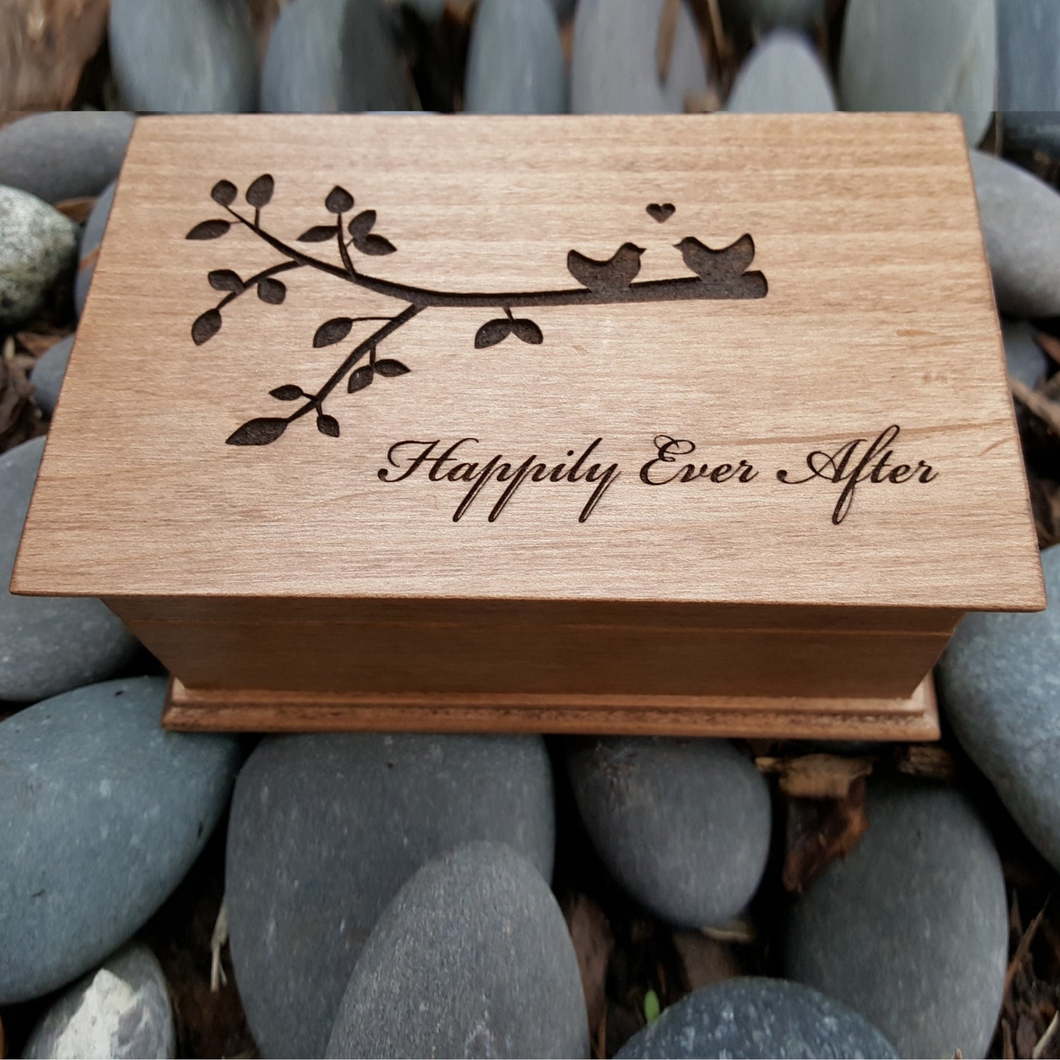 Happily Ever After engraved jewelry box with love birds sitting on a branch with built in music player