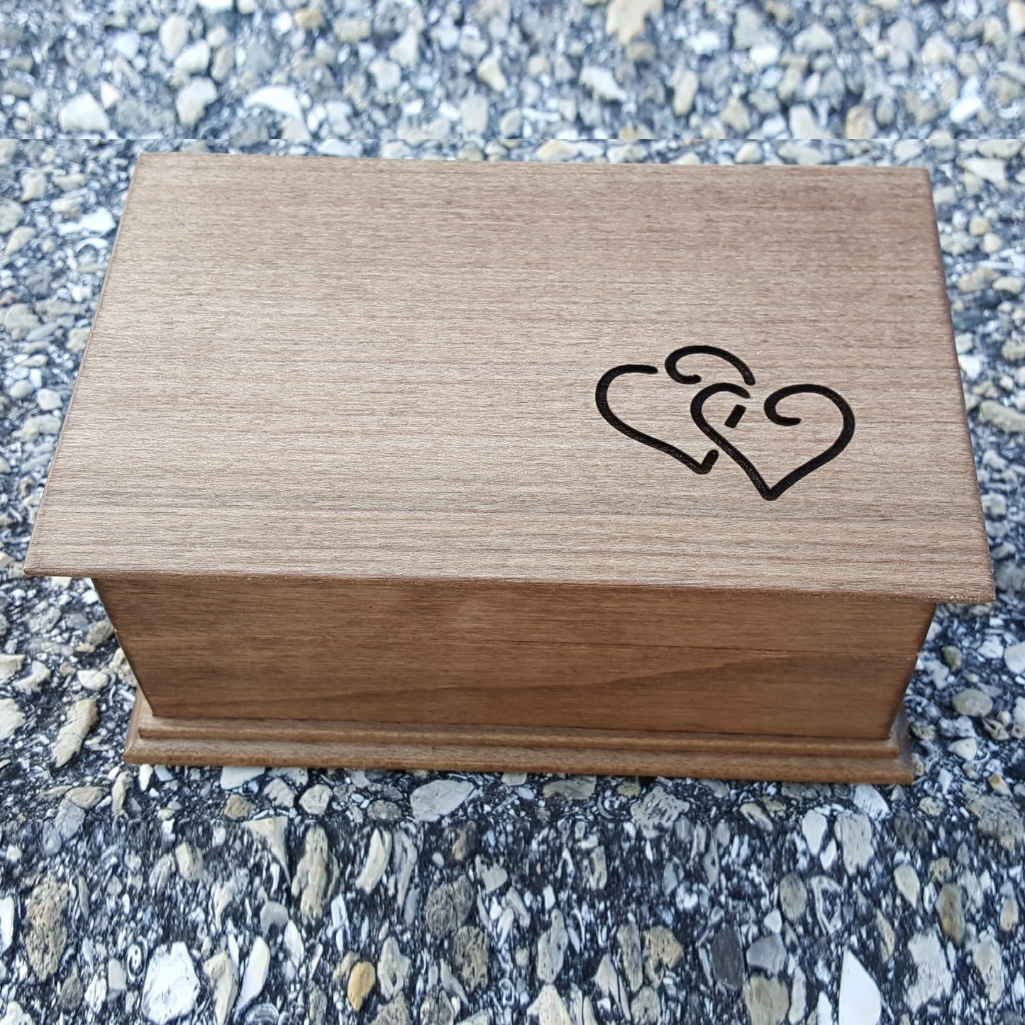 wood jewelry box with intertwined hearts engraved in the corner, choose color and song add personalization