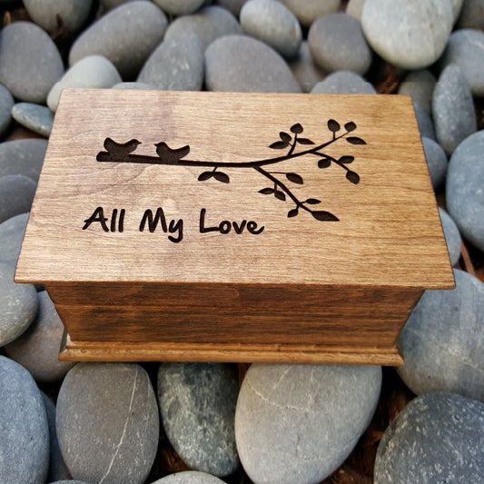 wooden jewelry box with All My Love engraved on top w tree branch and love birds, choose color and song