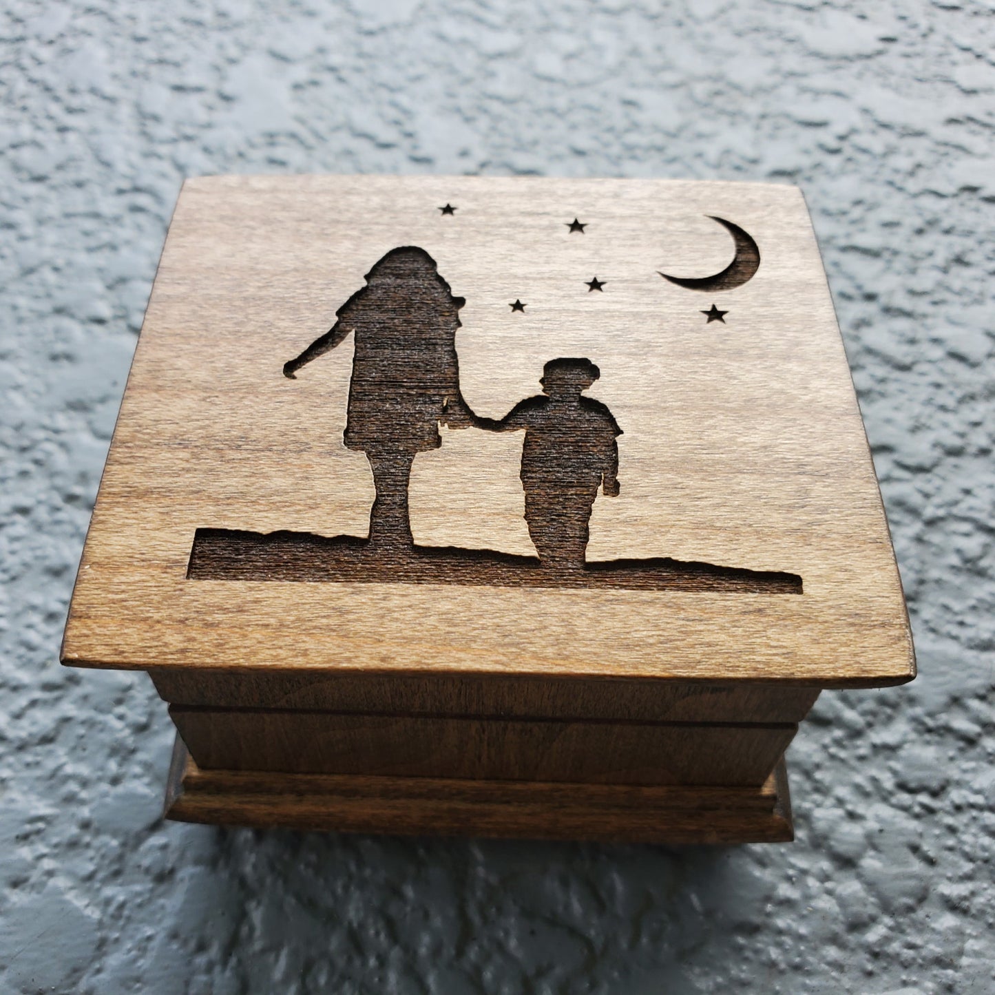 music box mom and son with moon and stars engraved on top, choose color and song,