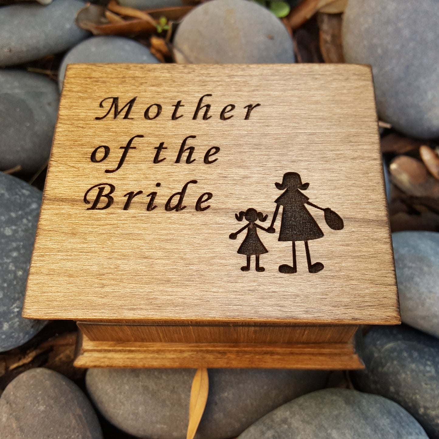 Mother of the Bride music box with mom and daughter silhouette on top, choose color and song