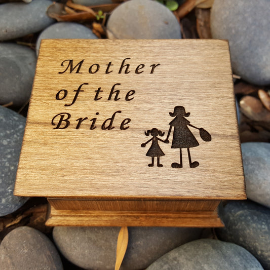 Mother of the Bride music box with mom and daughter silhouette on top, choose color and song
