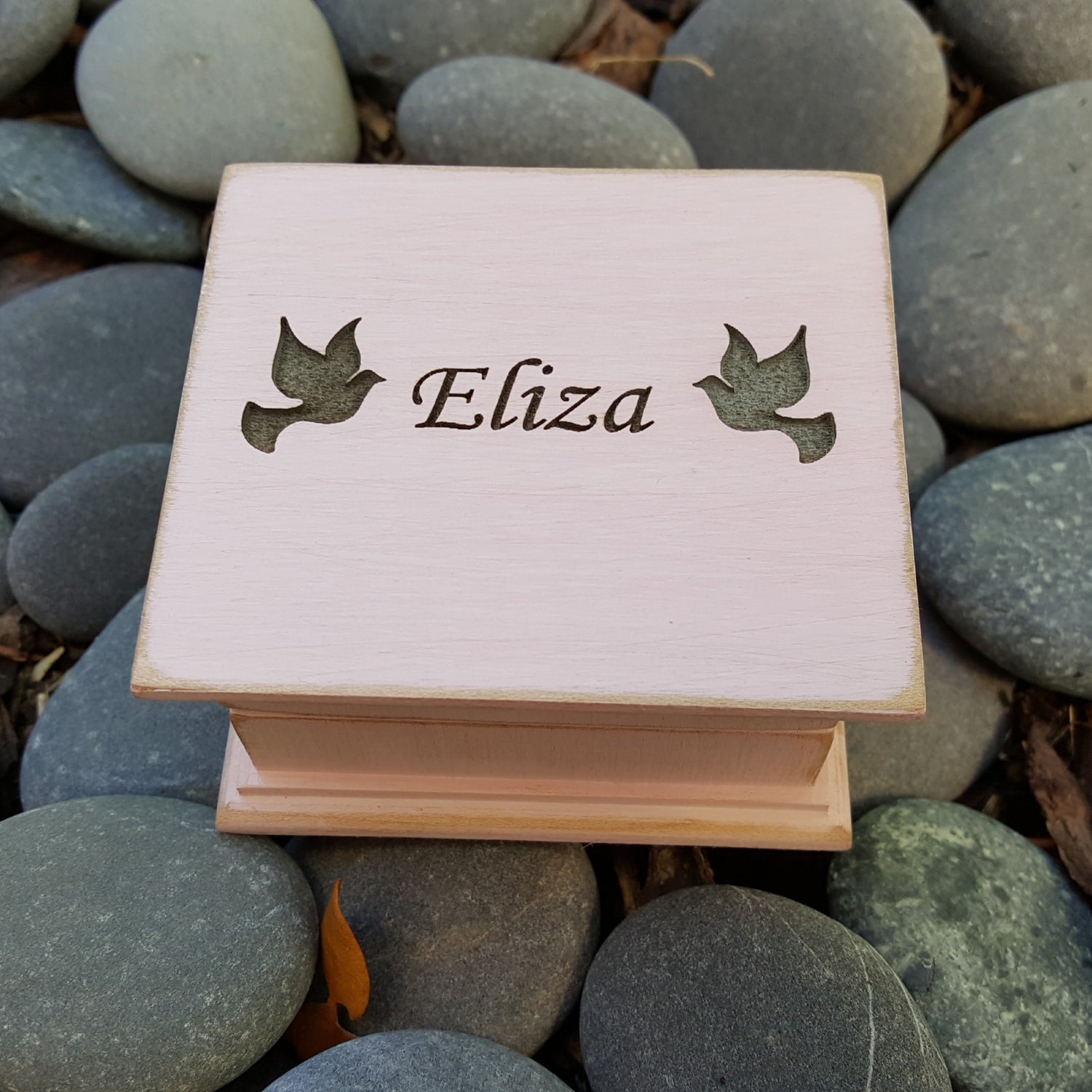 Dove Box with name engraved on top, choose color and song, wooden music box