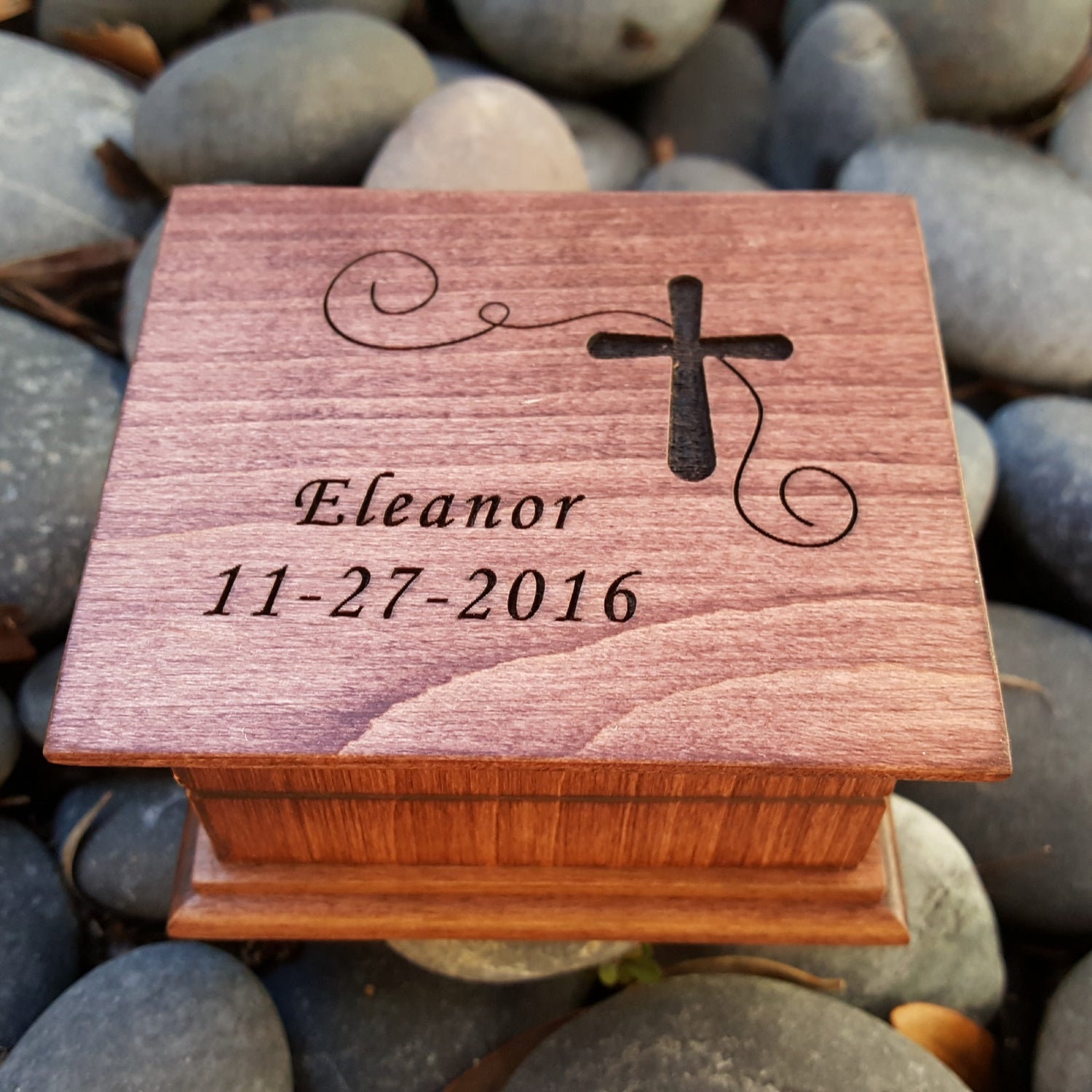 baptism music box with name, date and a cross design engraved on top, choose color and song