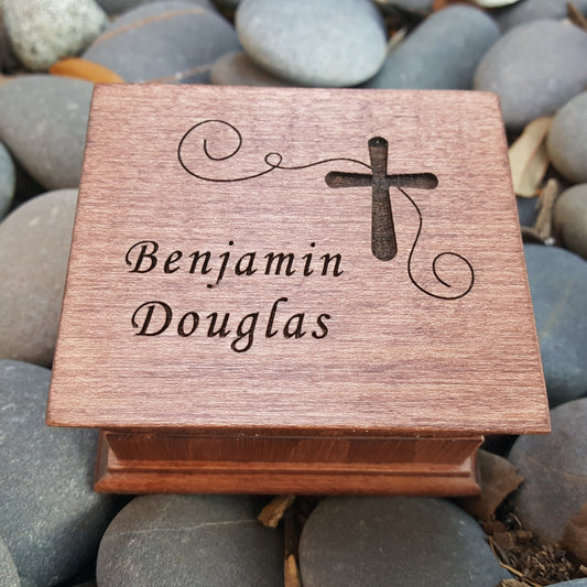 cross and name engraved music box, personalized, choose color and song