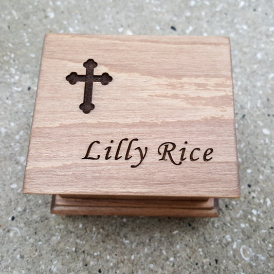 Christening music box with a cross design and a name personalized on top, choose color and song