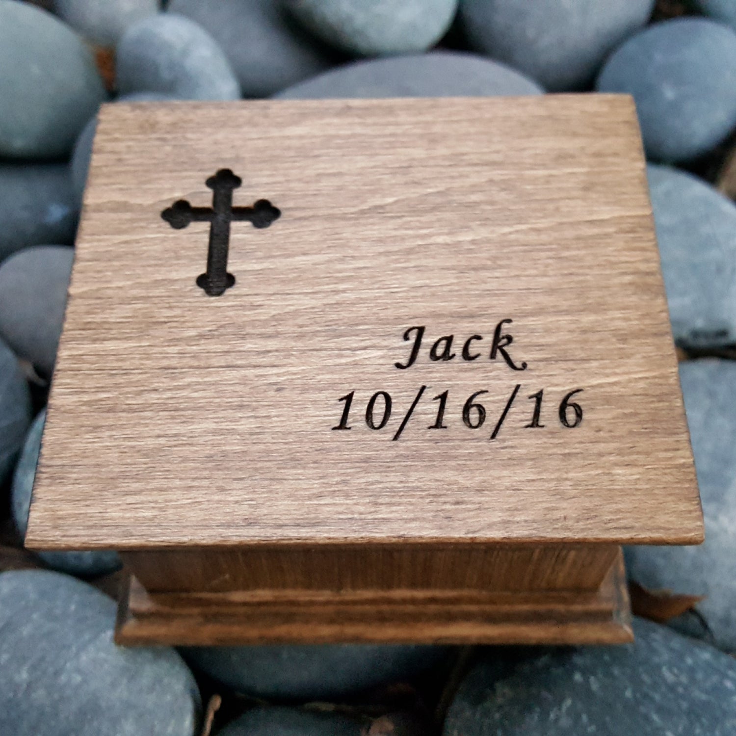 Baptism gift box, engraved wooden box with a cross, name and date on top, music box movement built inside, Jesus Loves Me, Lord's Prayer