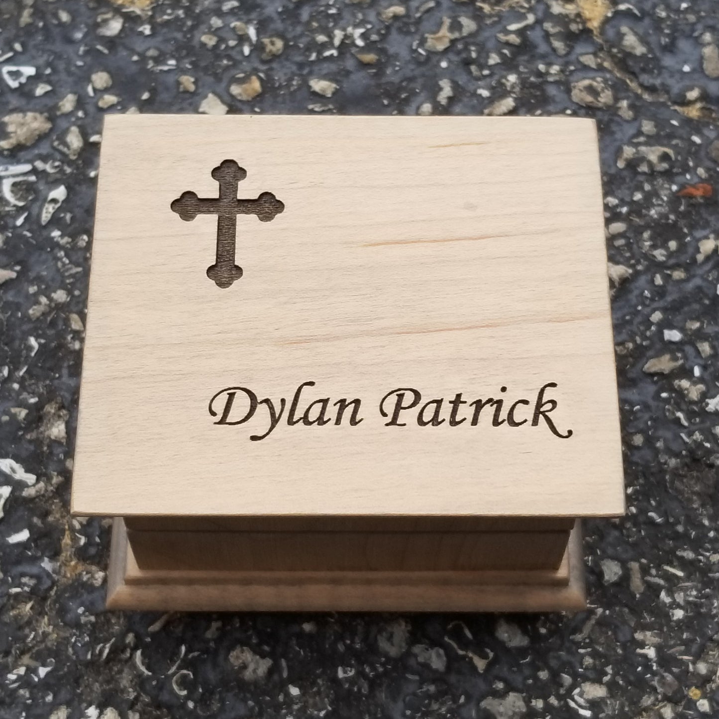 Christening Music Box custom engraved with name and a cross design on top, choose color and song