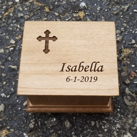 Baptism, wooden music box engraved with a cross design, name and date, choose color and song, personalized