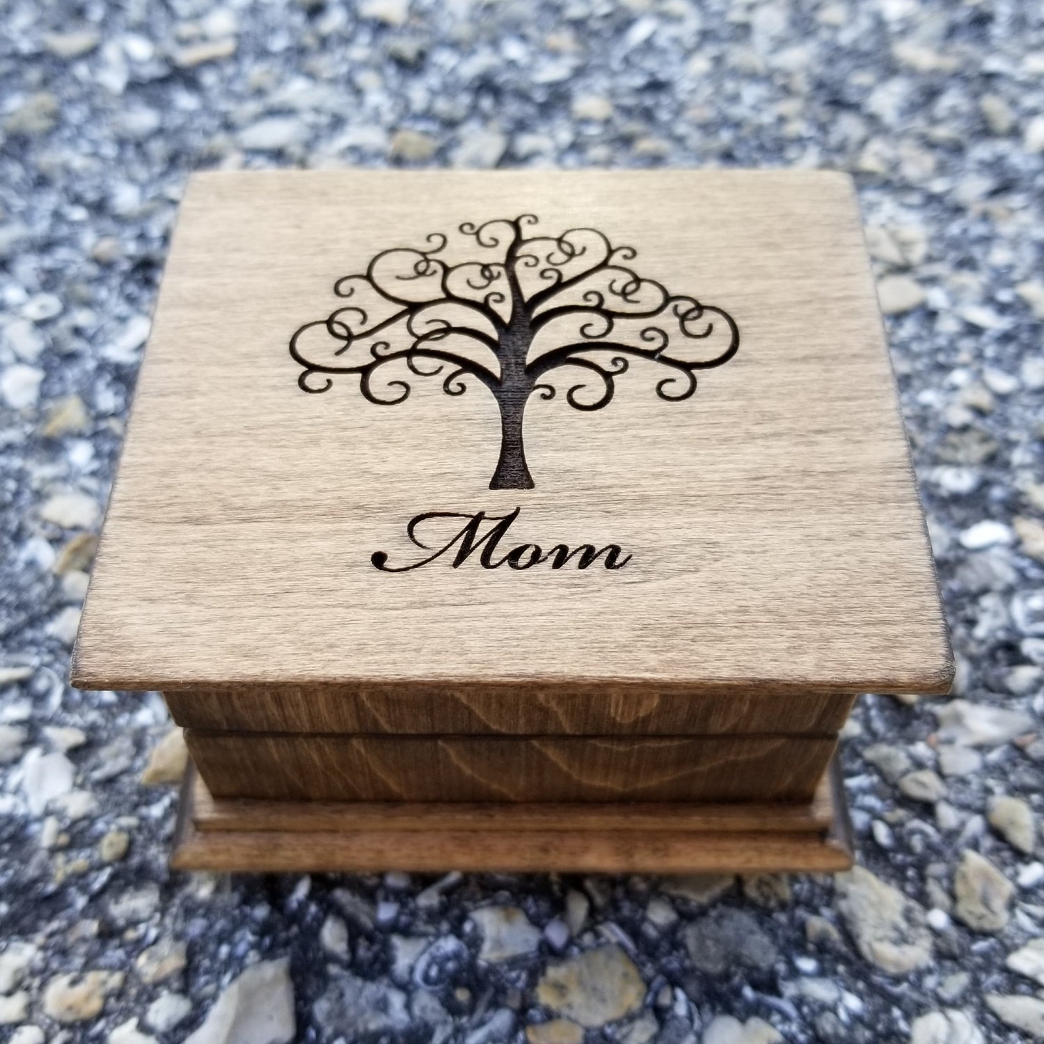 Music box with tree of life and Mom engraved on top, walnut music box