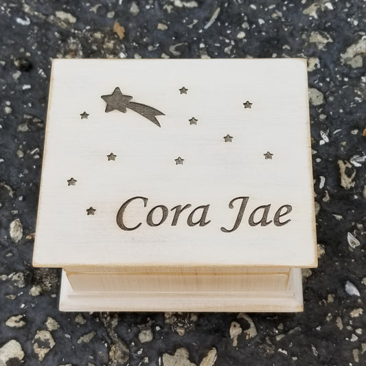 shooting star and star with name engraved music box, choose color and song like Twinkle twinkle little star or When you wish upon a star