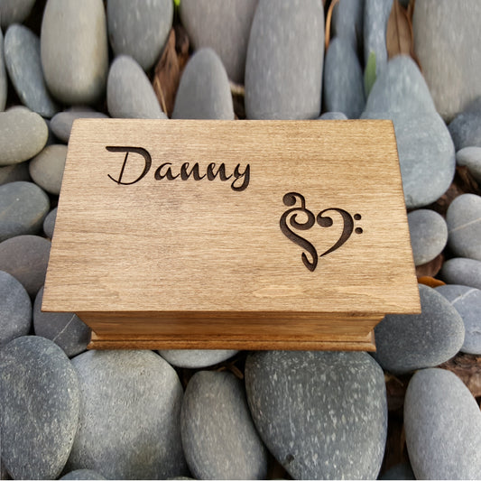 name jewelry box with music heart design engraved on top, choose color and song