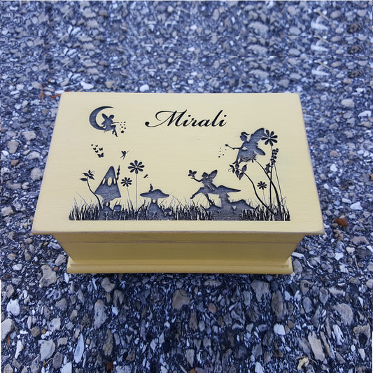fairy garden jewelry box, with name engraving in yellow color, choose song