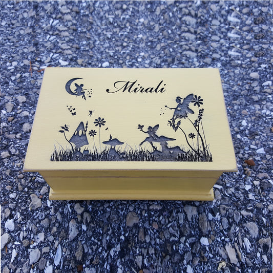 fairy garden jewelry box, with name engraving in yellow color, choose song
