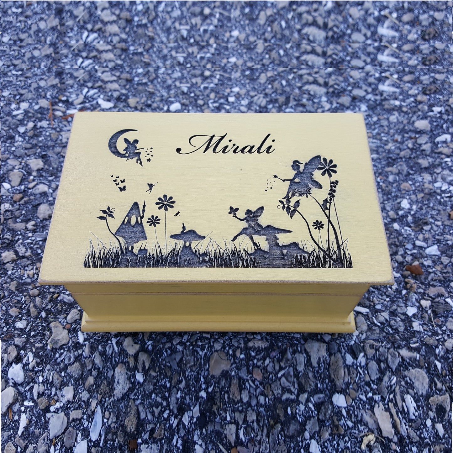 Fairy garden engraved jewelry box with name on top with built in music player