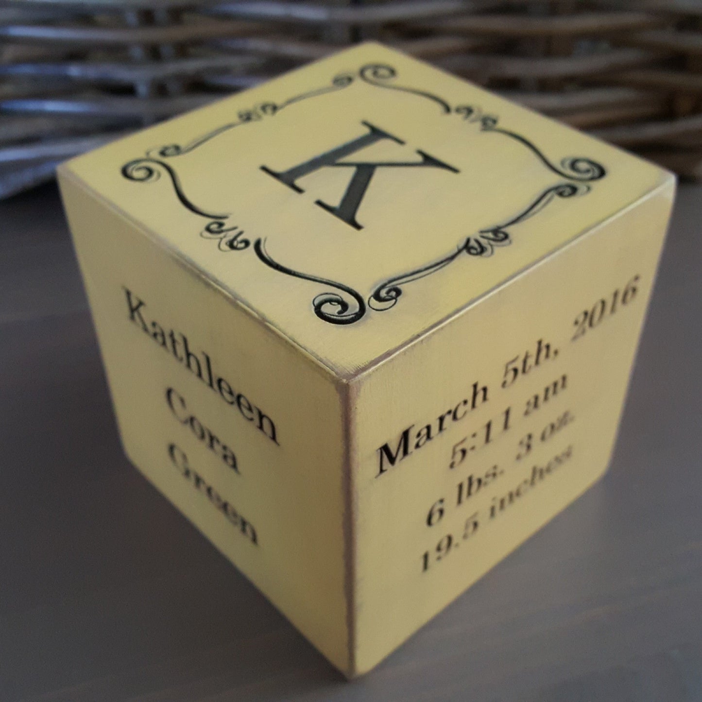 wooden block 3in size showing birth date and place, name, monogram 