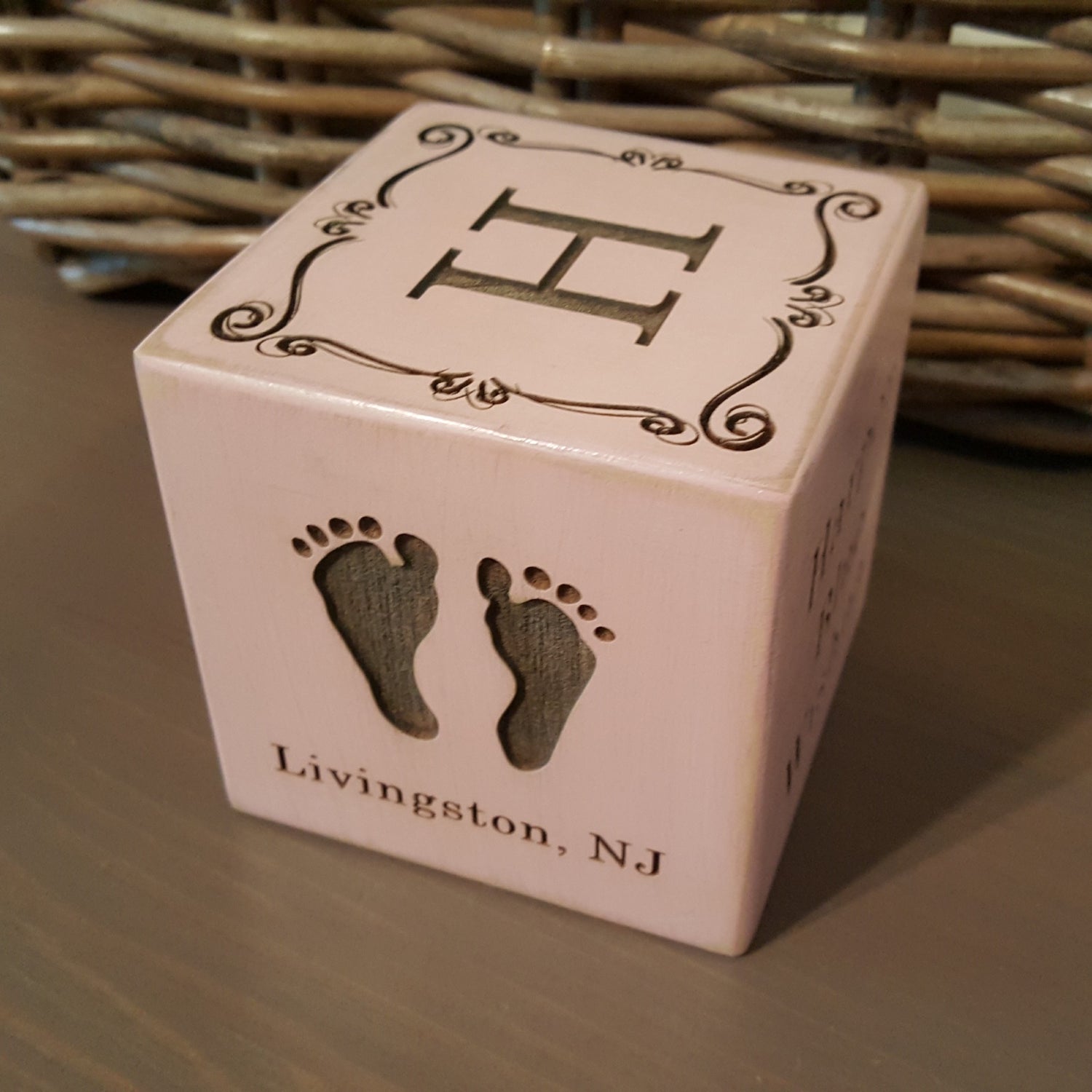 personalized baby block with cute baby feet and monogram