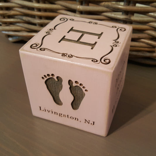personalized baby block with cute baby feet and monogram