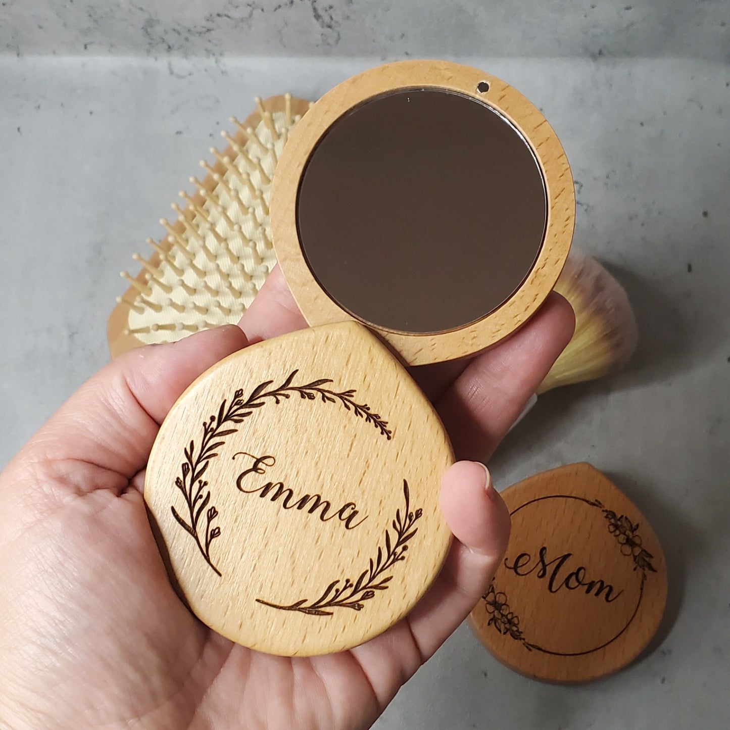 wooden pocket mirror with name engraved on top, perfect for bridesmaids or flower girl
