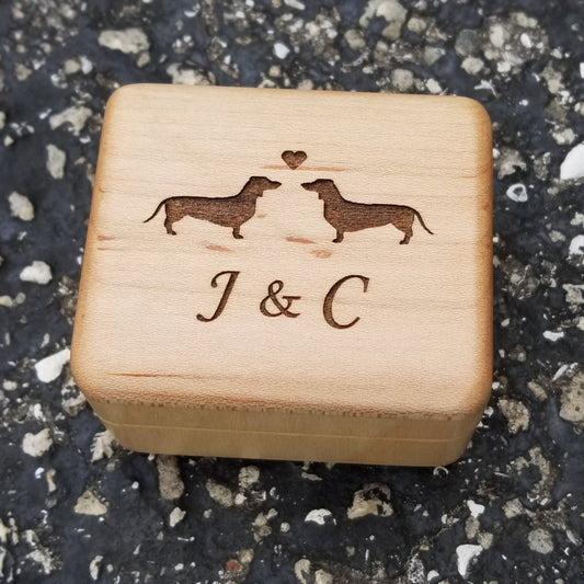 wooden ring box with dachshunds engraved on top along with your initials