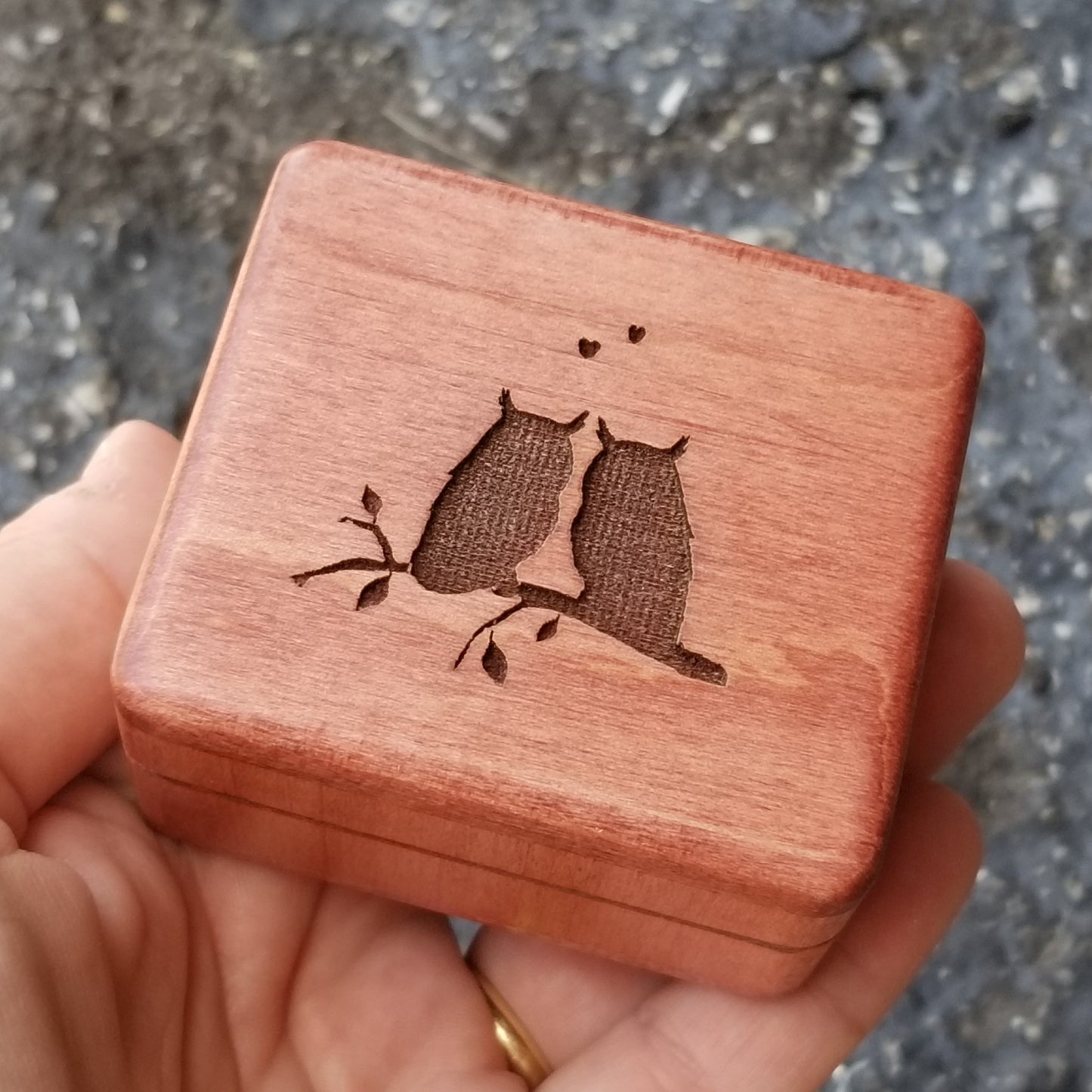 proposal box with owls engraved on top