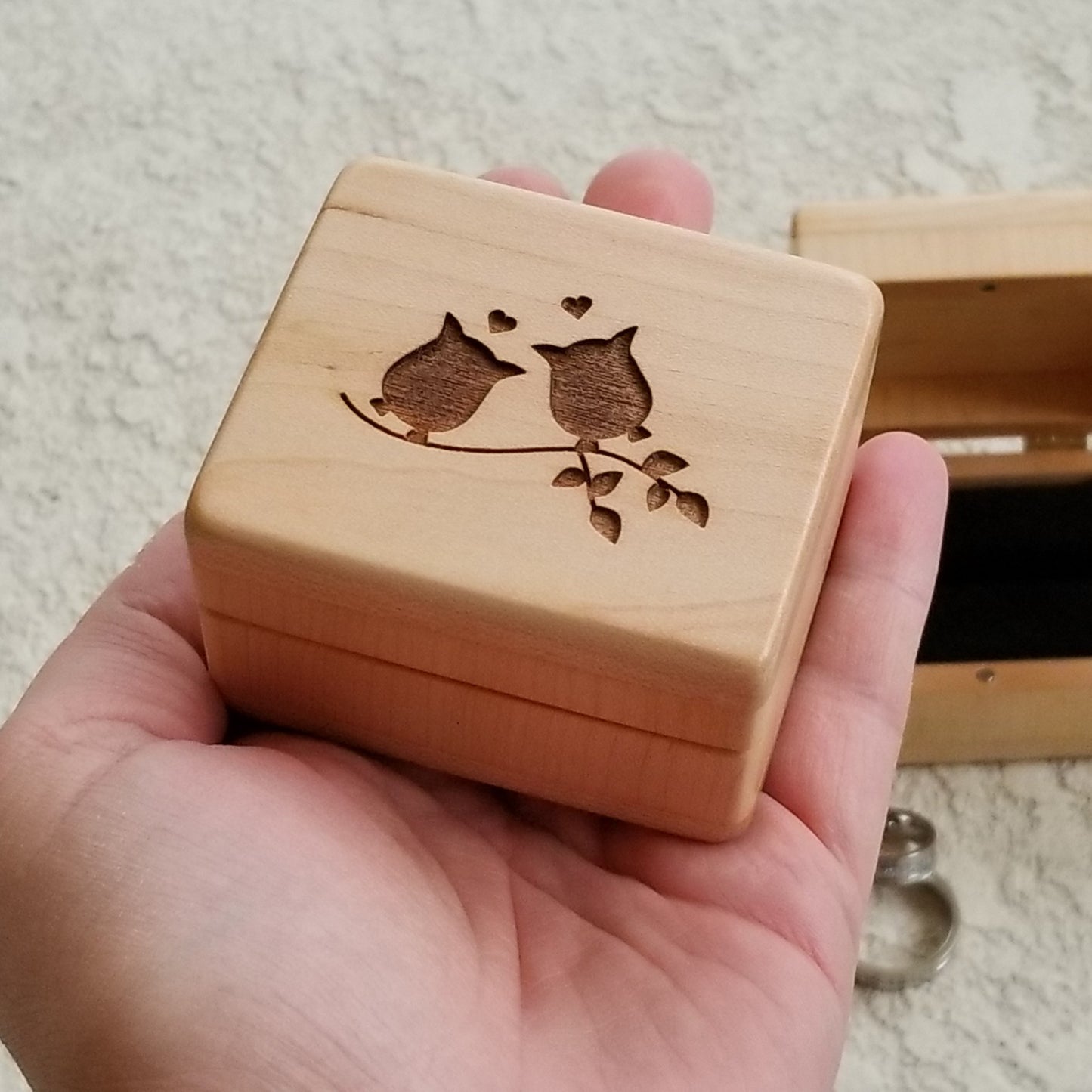 engraved ring box with love owls