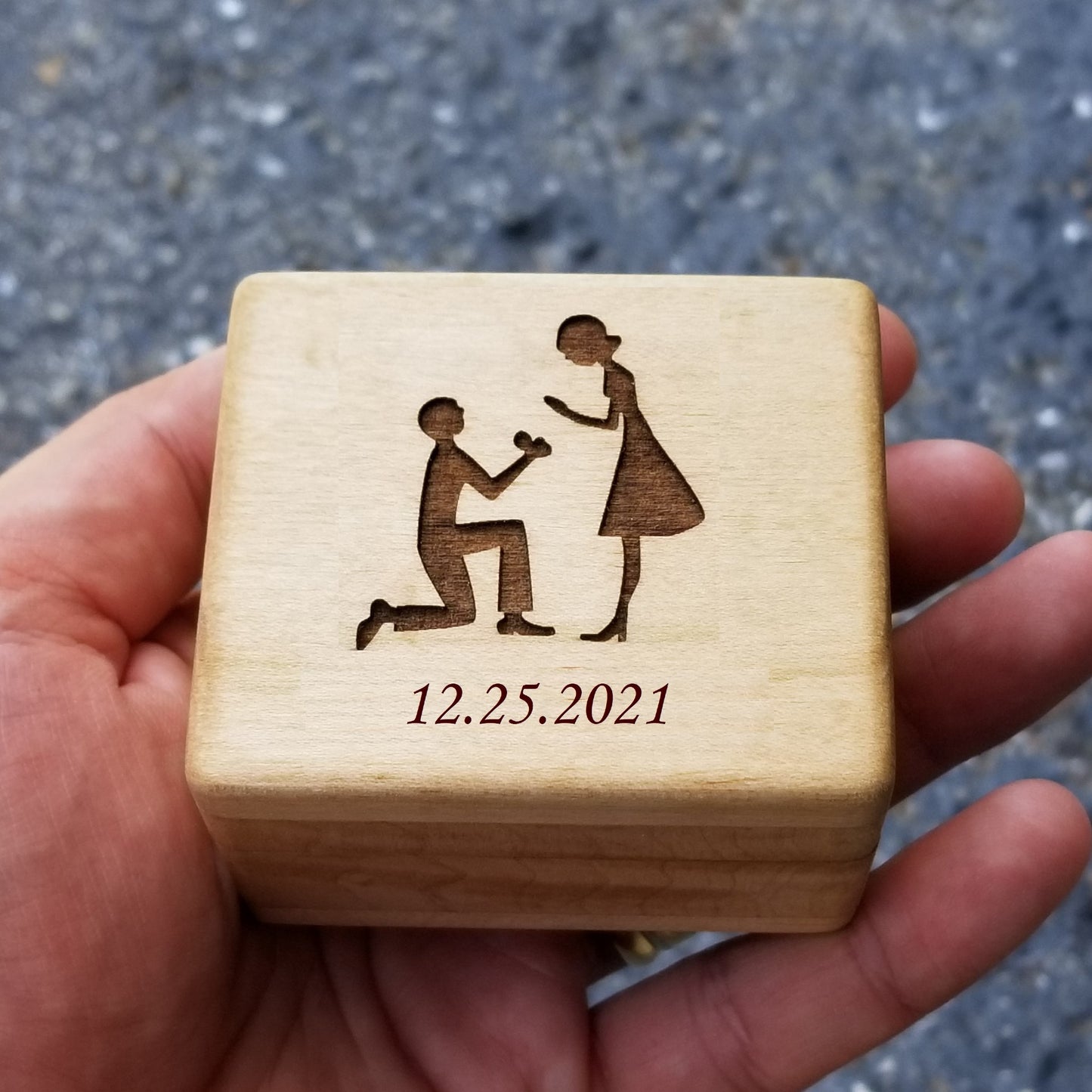 Will You Marry Me? box for rings with groom and bride engraved on top