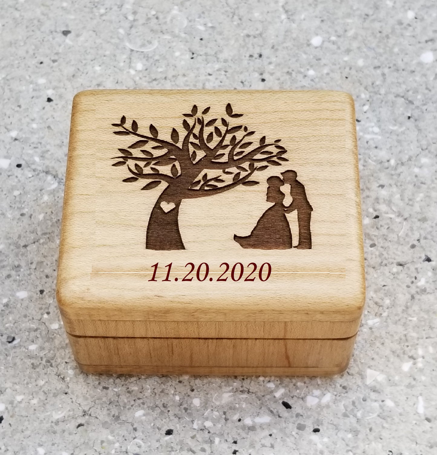 wedding box, wooden box engraved with bride and groom and a  heart tree 