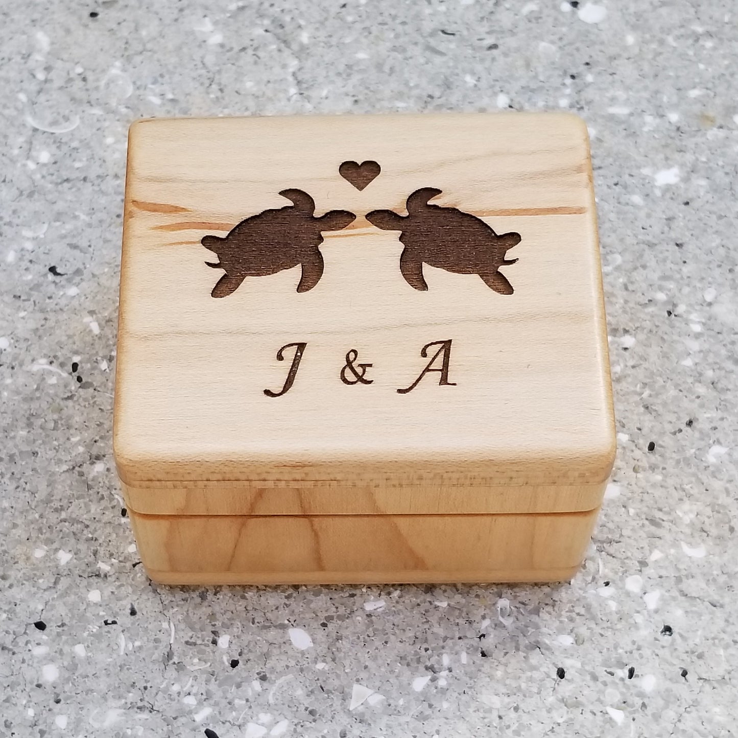 beach wedding ring box with turtles on the top including your initials under the love turtles