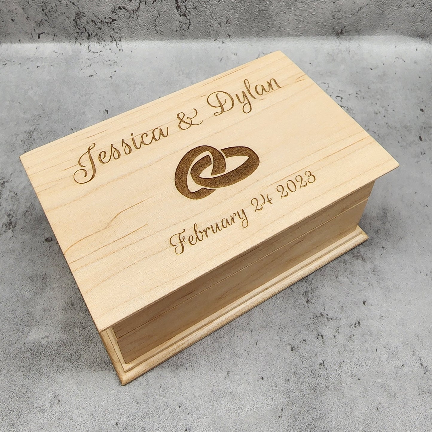 Wedding Ring Jewelry Box with names and date engraved on top, choose color and song