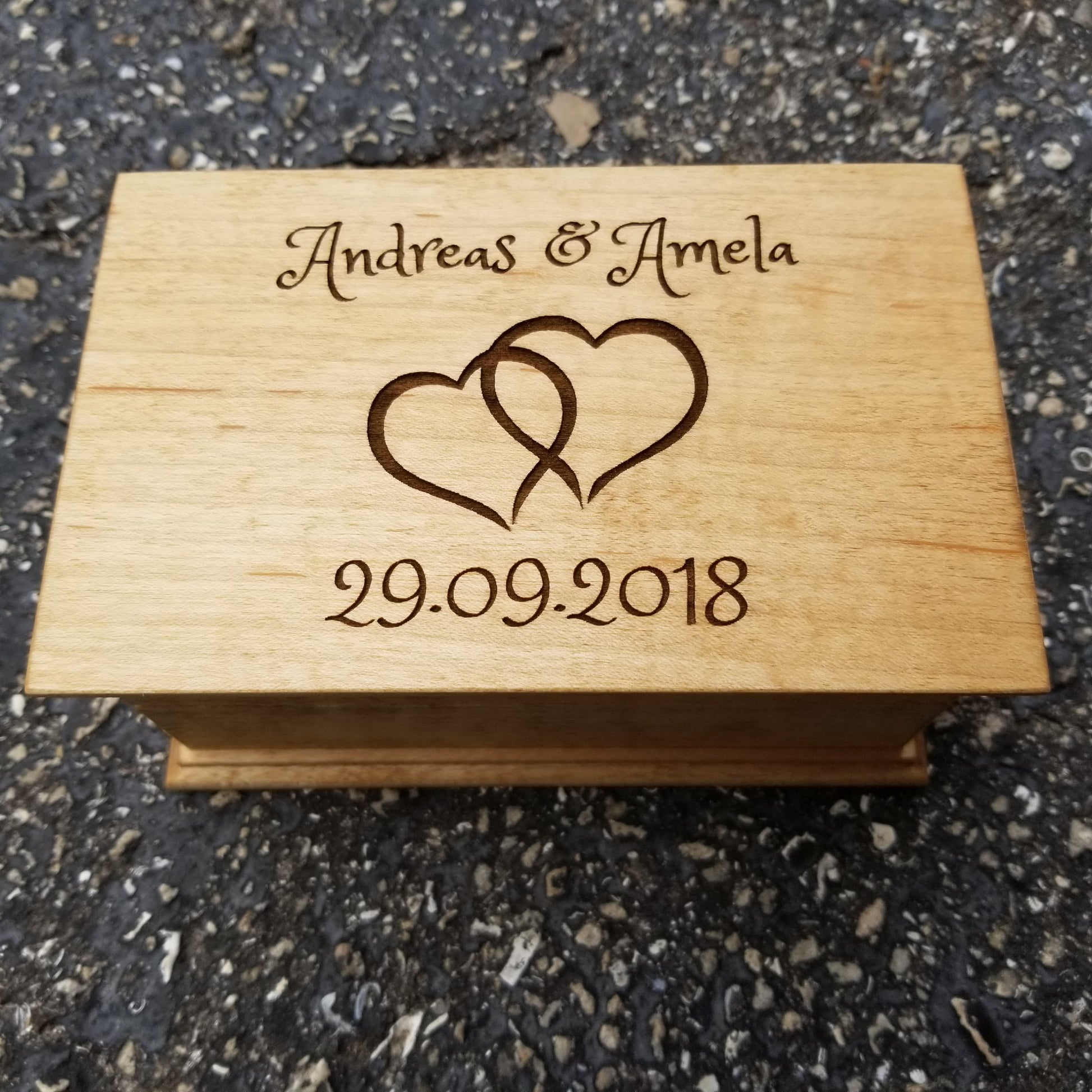 anniversary gift box, wooden jewelry box with names and date with intertwined hearts engraved on top, plays your song, personalize